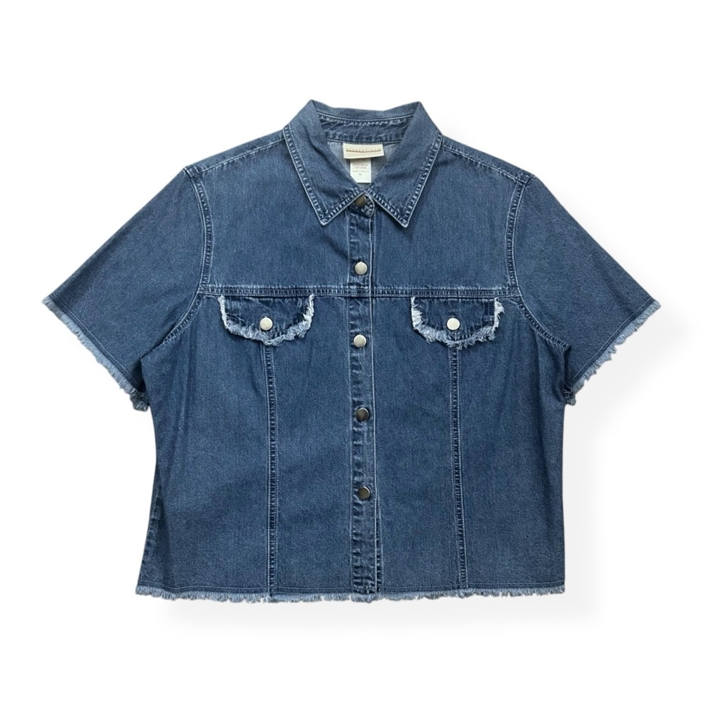 Y2K Vintage Cropped Frayed Hem Denim Shirt Short Sleeve Button Down